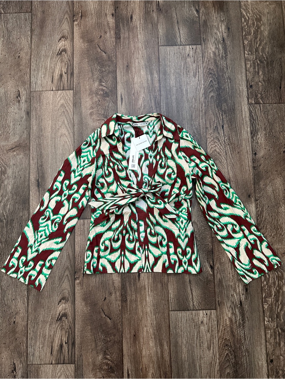 ZARA The Selena Blouse 100% Cotton Open Front Blouse Top Size XS Brown Green